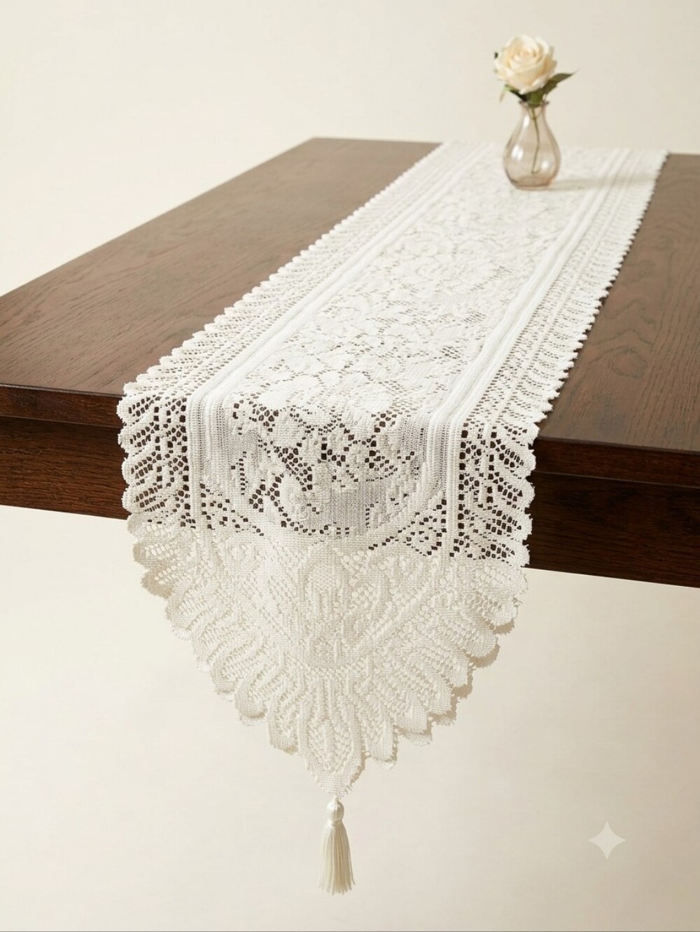 Vintage Cream Floral Lace Table Runner with Tassels Cottagecore Country